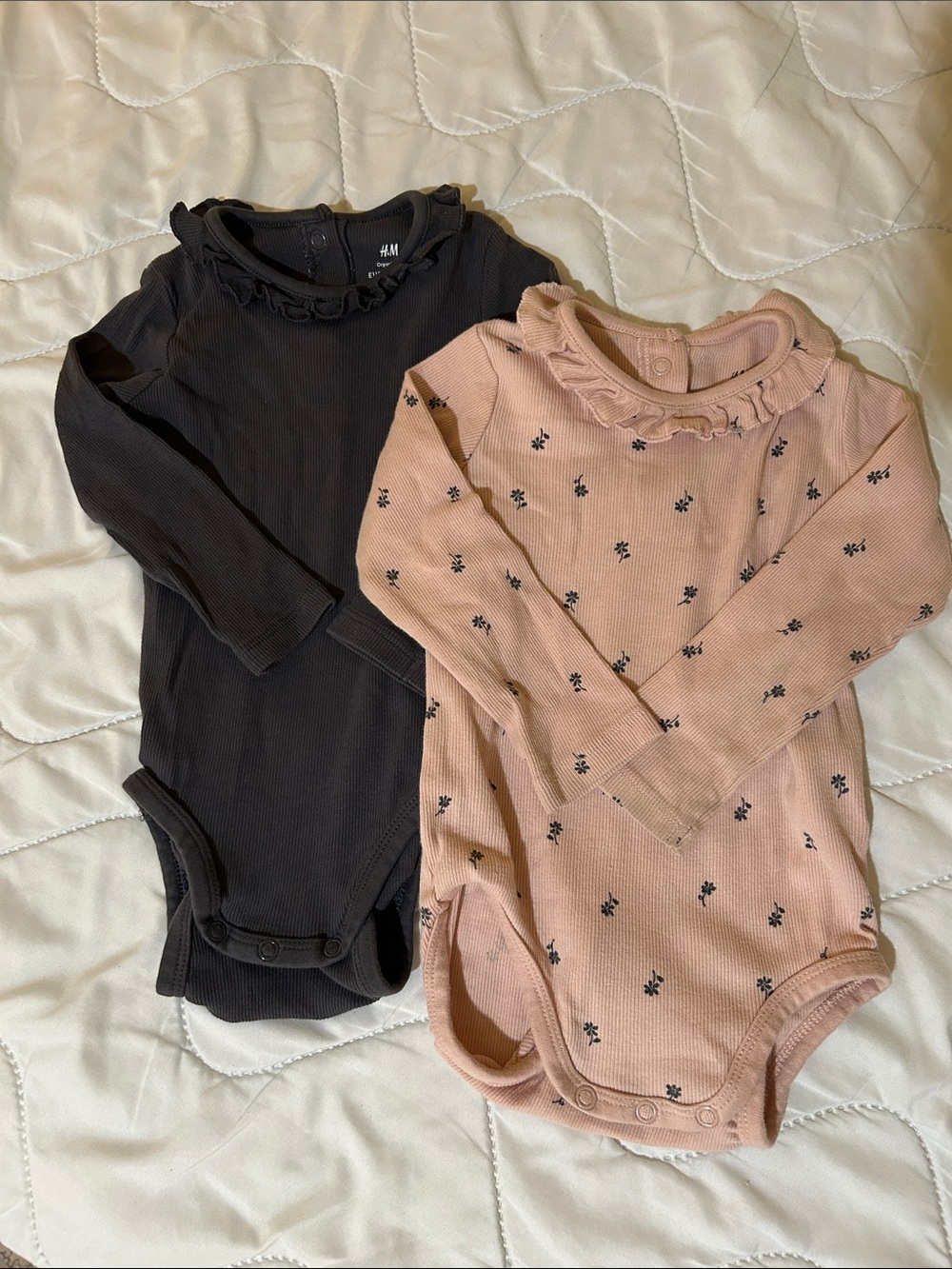 H&M Long-Sleeve Ruffle Neck Baby Bodysuits - Black & Blush Pink Organic Cotton